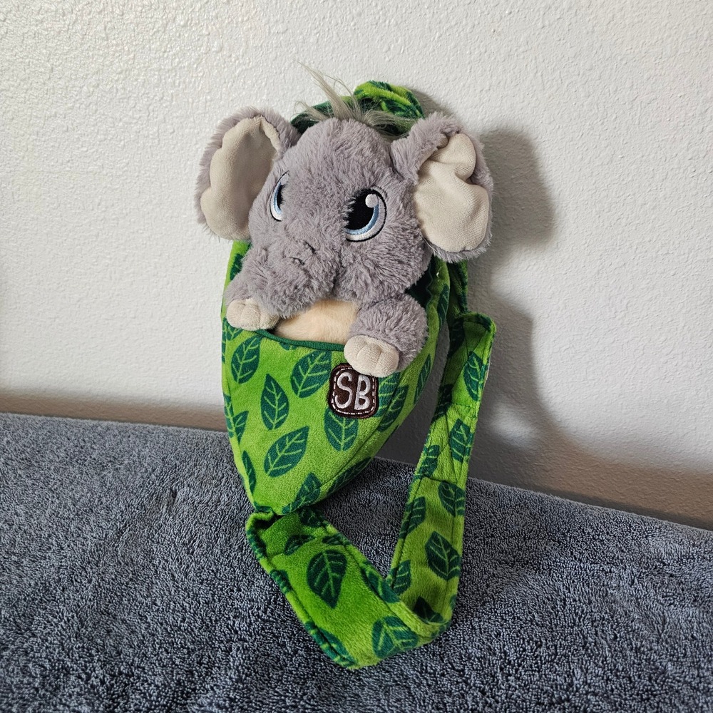 Fiesta Grey Elephant Plush Stuffed Animal with Green Leaf Carrier Bag SB Logo